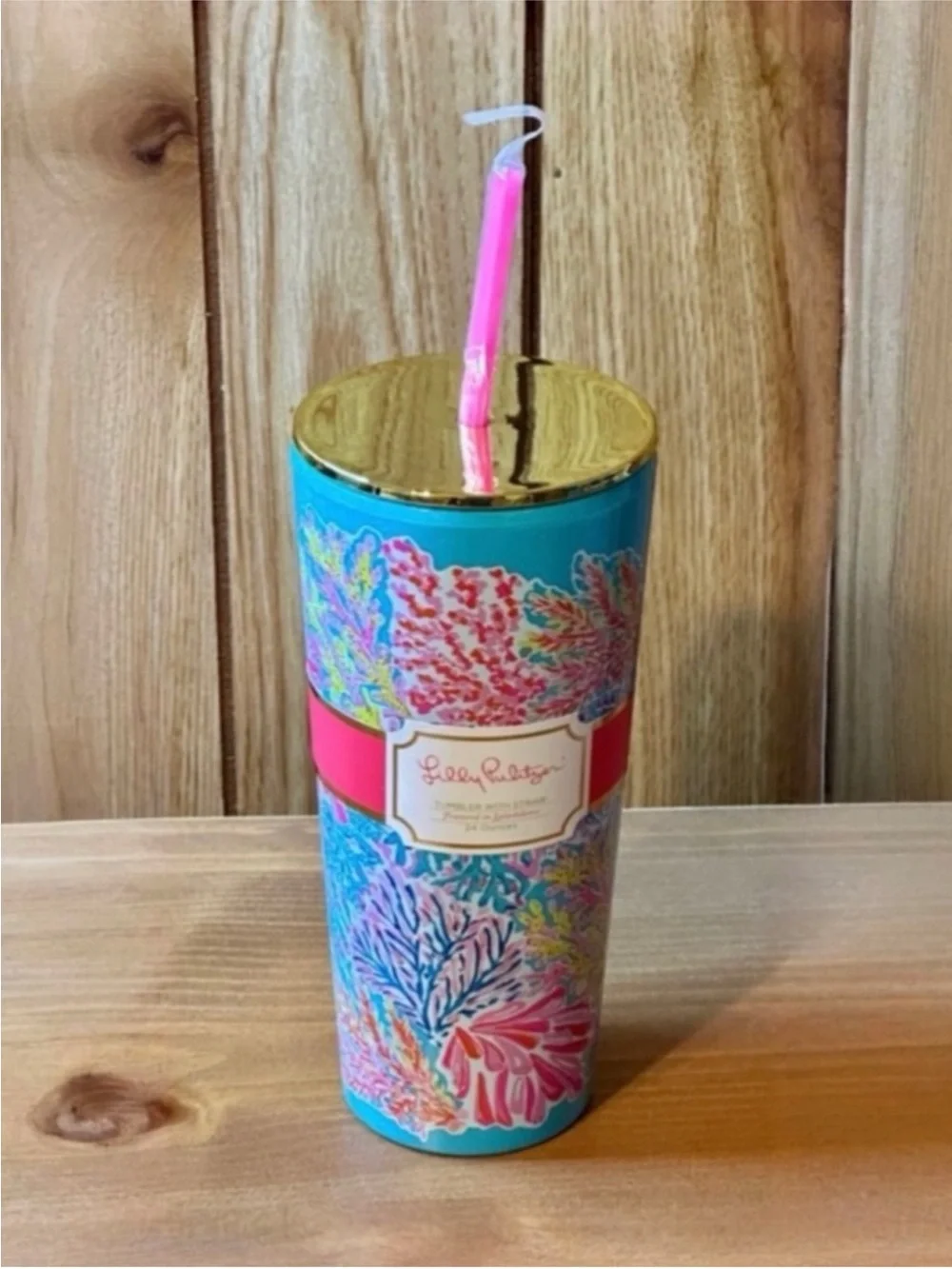 Lilly Pulitzer Splashdance 24oz Insulated Tumbler Cup Gold Lid Straw BNIB